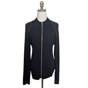 Fontana Studded Full Zip Cardigan Sweater Size XL Black Ribbed